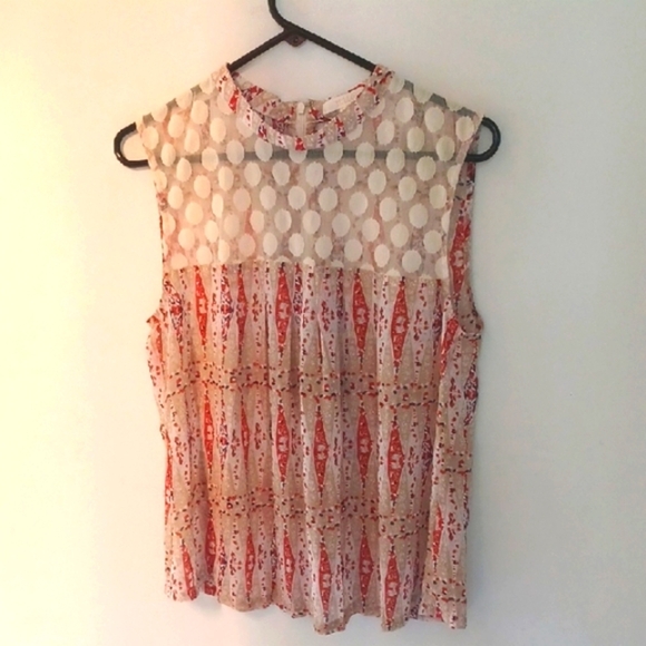 Tulle Cream and Pink Sleeveless Blouse with Mandarin Collar - Picture 1 of 6
